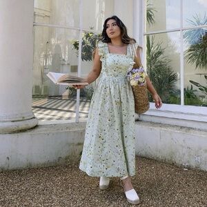 H&M Conscious Wildflower Tie Back Dress Green Floral Meadow Midi Dress